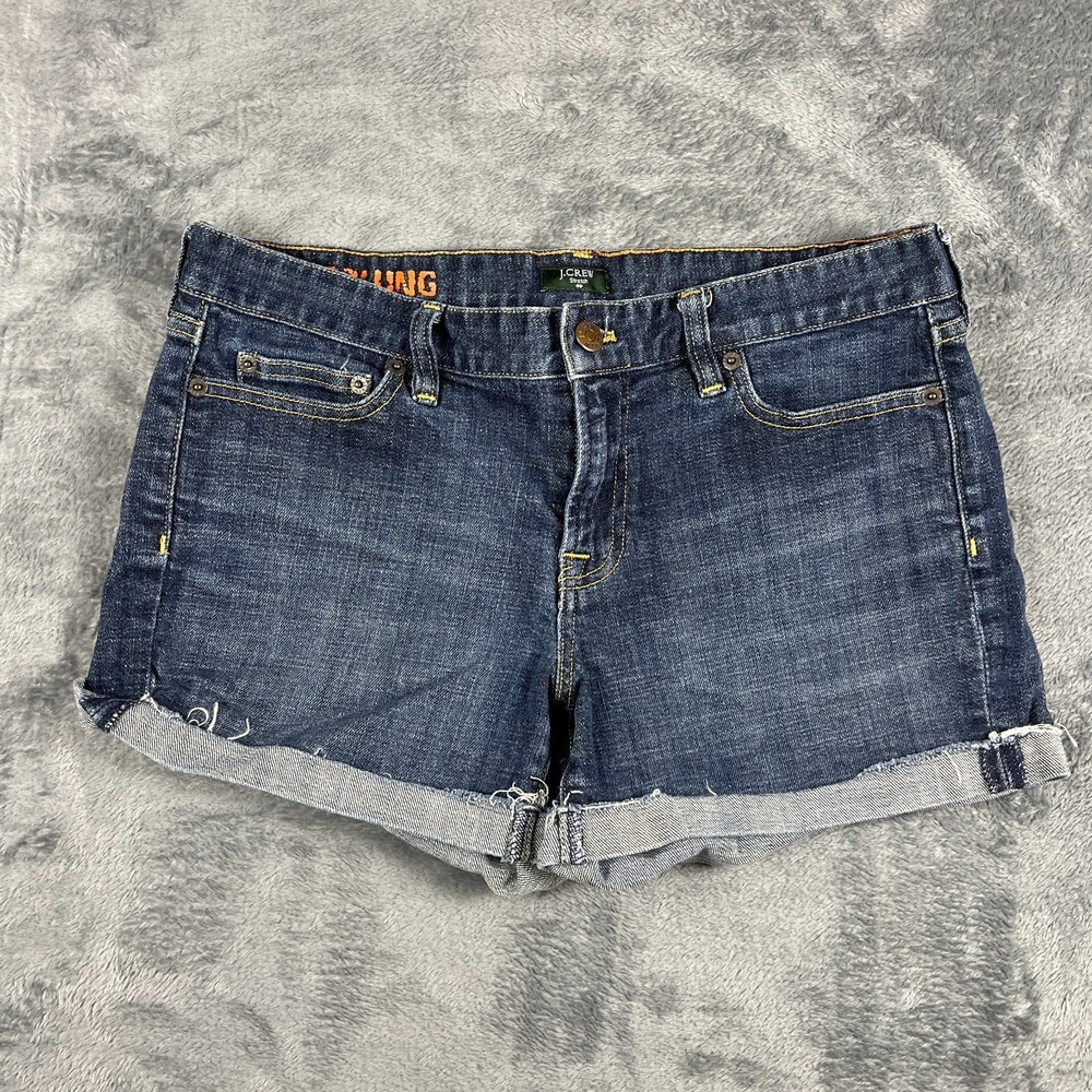J Crew Hipslung Shorts Womens 8 Blue Denim Cotton Stretch Cuffed Hem Dark Wash